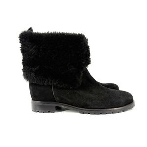 Kate Spade New York Boots 7.5 Sari Black Suede Short Ankle Fur cuff $425 Lug
